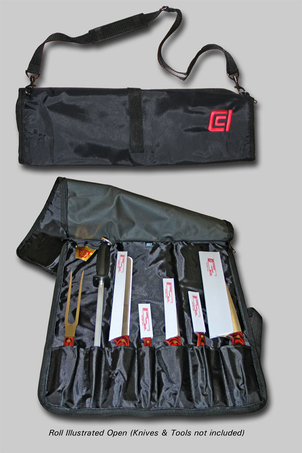 Knife Roll shown closed and in open state. Product not included with roll.